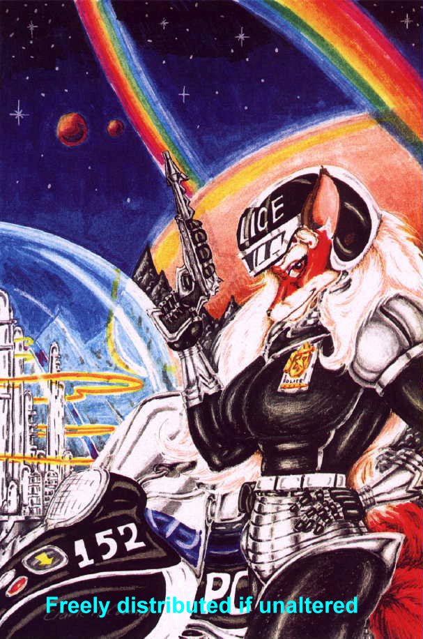 Future Enforcer is a lovely lady fox policewoman in her armor/uniform next to her bike with a blaster held up in her hand. The background is that of a Saturn like planet over an alien mountain horizon. A domed futuristic city is also in the background. Colored.
futrenfr.jpg - 1998-02-28