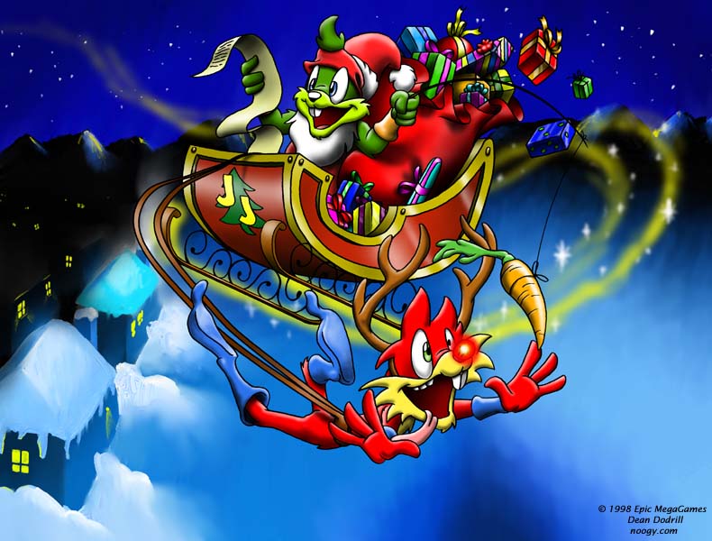 I worked for Epic MegaGames as a traditional animator for their game, Jazz Jackrabbit 2. I did cutscenes and misc artwork, including box art. I made this image for Epic to be used on a special Christmas edition of Jazz that we were releasing, Holiday Hare '98. I own the image, but not the characters. Don't worry, I have permission.
noogy3.jpg - 1999-09-08