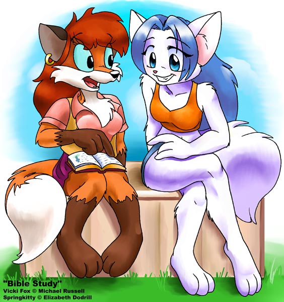 I admire Mike Russell for his strong Christian faith and his inspirational web comic, so I drew this gift of draw Vicki Fox and Springkitty studying the Bible together as fellow Christians. I hope he enjoys it!
biblestudy.jpg - 2003-08-07