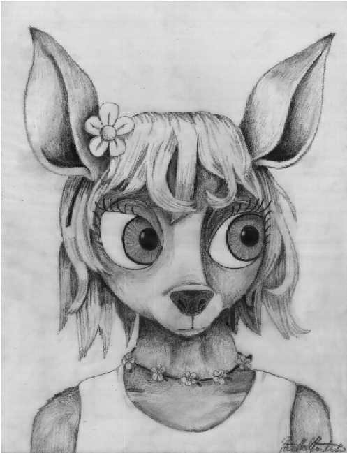 Ingenue -- this big-eyed deer is the first in my Portraits series. For a long time this was the only picture I had scanned, and it's still one of my favorites. Graphite.
deerlady.jpg - 1997-03-19