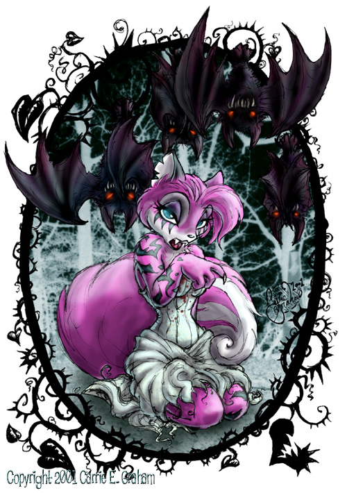 Velvet with some weird looking bats. The background came from a photograph I took in the graveyard across from my residence hall.
velvet09.jpg - 2001-04-08