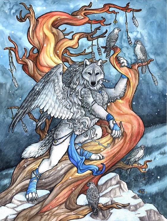 Here it is, my big piece for Further Confusion 2002. Behold the Wind Tree, the place where storms gather and the wing-ed soar, it's limbs bedecked in offerings to the element Air. A wolf with the wings of her gyrfalcon totem comes to give her offerings to Air in thanks for the power of flight. Watercolor and Colored Pencil on 18 X 24 Bristol Paper.
windtree.jpg - 2002-01-18
