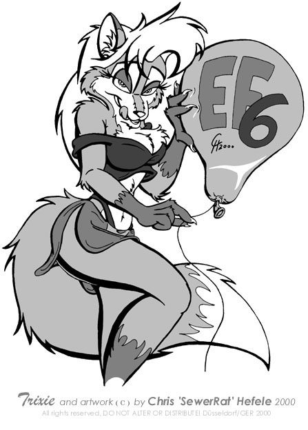 This one is from last year, showing my input for the EuroFurence 6 Shirt Contest. I thought she would make a nice start for my drawing input here. Oh, and ...better be nice to her, or you might end up just like that poor balloon in there! ;) Trixie is © me, 1999/2001
sr-ef6bw.jpg - 2001-01-21