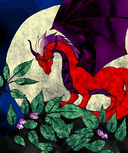 A drawing of a red dragon out on a thursday full moon night. How do I know it was thursday? ... I looked at my calendar when I was drawing him on a whim ... I wanted to see if I could do dragons ... I guess I can in a way. Done with pen and pencil and scanned. I used PaintPro Shop for the details, Corel PhotoPaint for the major textures.
dragon2.jpg - 1997-09-06