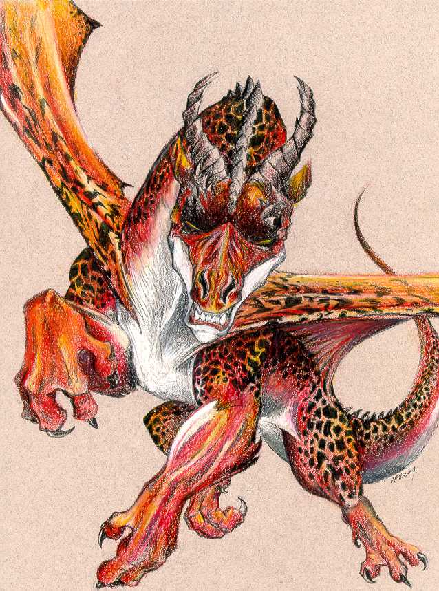 Ashen the fire dragon, another one of my creations and quite popular with the art trades. :) This is a really bad-quality scan of an older picture.
ashenred.jpg - 2000-02-02