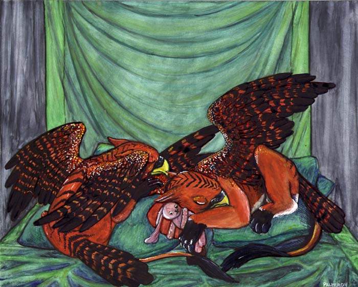 Two gryphlets snuggle down in an emerald nest for naptime with bunny. Gryphons of the hotter climes display brilliant coloration, even in infancy. The bright colors and patterns seem to serve both for courting displays, as with the brighter tropical birds, and as a warning display, as with poison dart frogs. Seek dinner here, say the feathers, and meet a loud, pointy end 8x10, watercolor and egg tempera on clayboard
gryphletswithbunny.jpg - 2004-12-09