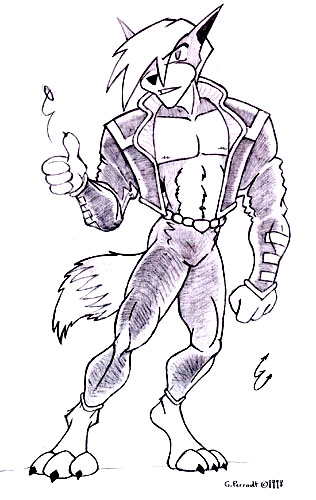 An anthropomorphic wollf, flipping a coin. Nate, once again, simply wearing the jacket of a good friend of him