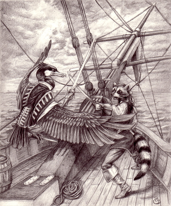 A cormorant and a raccoon fencing on a shipdeck. Graphite.
spal-duel.jpg - 2004-03-23