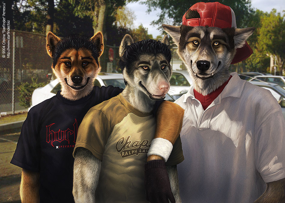 A group portrait of three of my friends as anthros. Shahin (dingo), Shahriyar (rat/wolf) and Greg (direwolf). About 140 hours of work, total. The background is a photo I took in the student parkinglot, and was actually taken after the characters were already colored, so matching the lighting was rather tricky, though it came out ok. I have detailed close ups of the characters' faces available on my site, for those who are curious.
sf-hanginout.jpg - 2004-04-10
