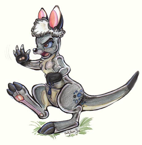 Here's a nearly finished pic I did to flesh out my newest fuzzball, Carry-On the joey. She's reminiscent of Haley personality-wise, except she's a lot more coherant, a lot less hyper, and a bit more devious. She's a greedy little entrepreneur; her pasttime is stealing anything she can stuff in her pouch, and trying to sell it back. Why's there a zipper on there? Because it's cliche. :>
carryon.jpg - 2000-10-04