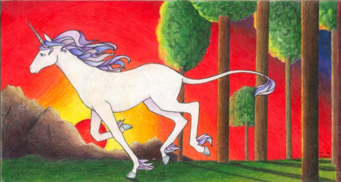 I did this a few months ago after watching The Last Unicorn. It wasn't supposed to turn out like her, but it did. But it really wasn't supposed to! Oh well. I still like it. The trees are supposed to look all flat and Renaissance-ish; I think the background is the best part. Unicorns are fun.
