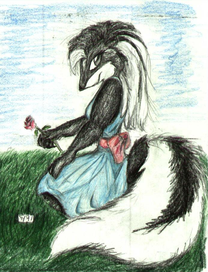 Its another skunky sitting in the grass with a flower (in color even). I drew this to 'Girl with sun in her head' by Orbital (and colored to Fear Factory).
ysbah63.jpg - 1997-04-01